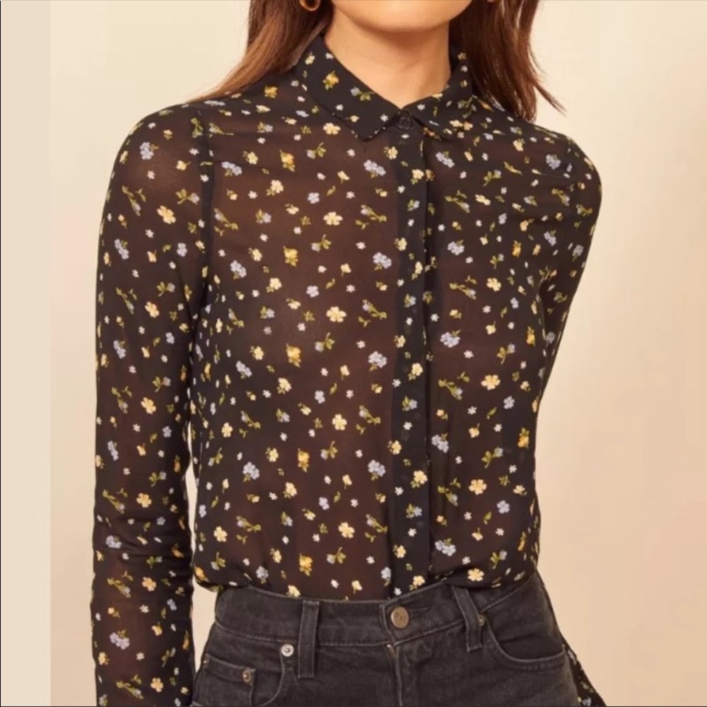 Reformation Black Sheer Floral Button-Up Blouse - Picture 4 of 7